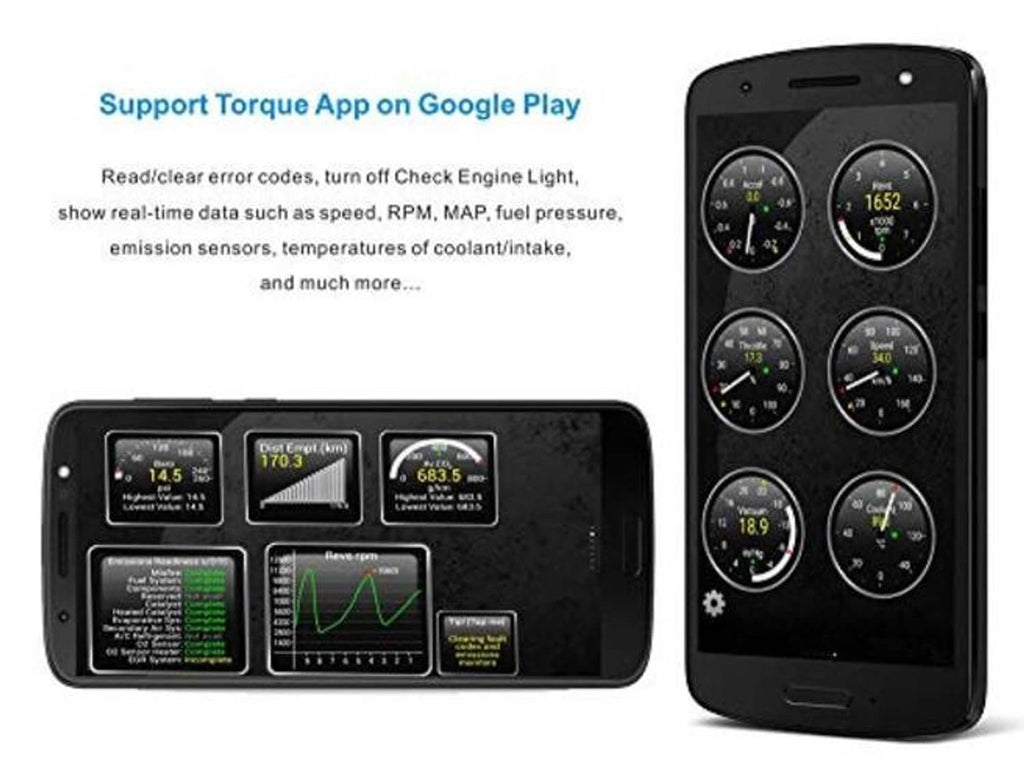 Android OBDII scanner app on smartphone with engine gauge and data screens