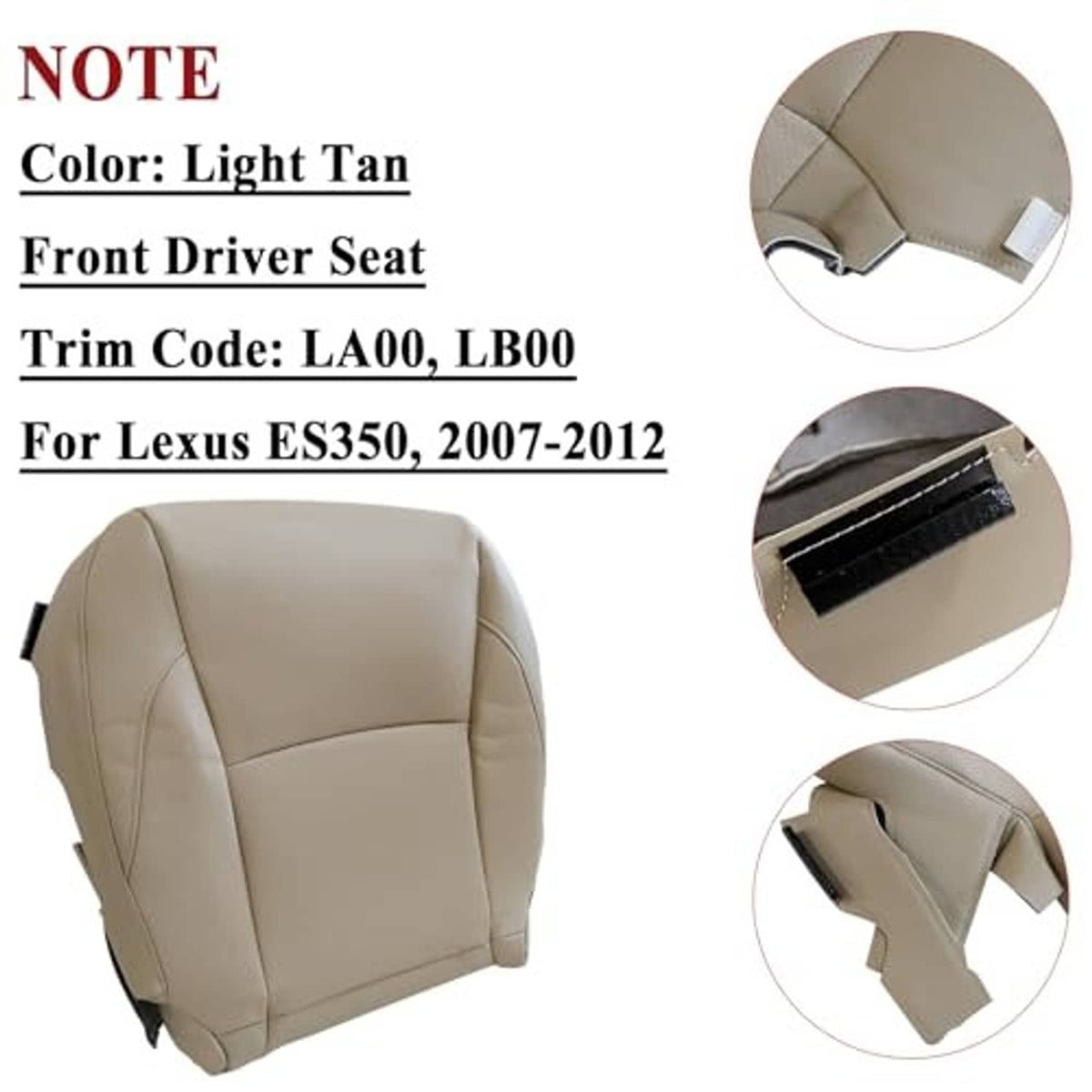 Light tan front driver seat cover with side tabs and stitched contour panels