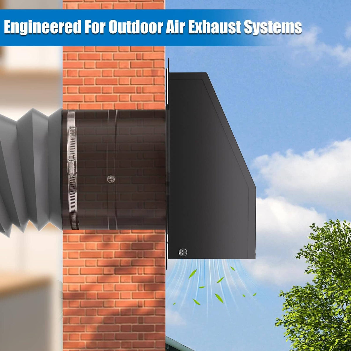 Black hooded dryer vent cover for outdoor air exhaust with mounting holes
