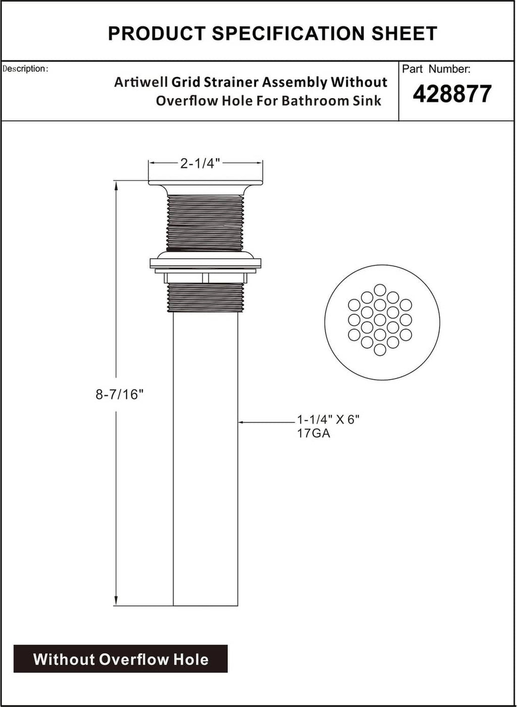 Product specification sheet with dimensions for sink grid drain strainer assembly