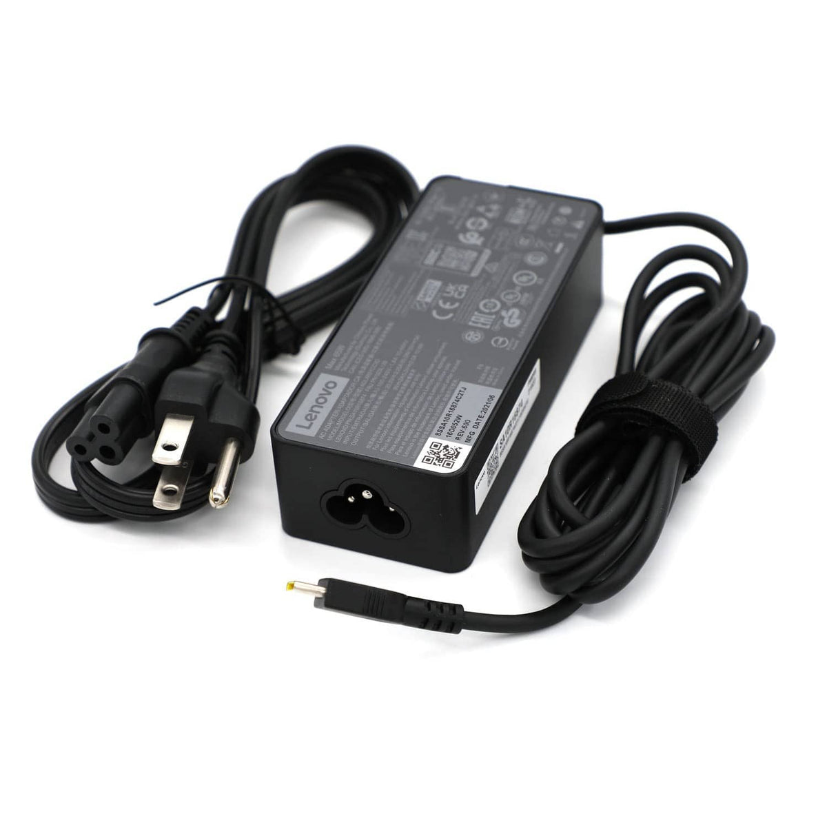 Black USB-C laptop power adapter with power plug and coiled cable set