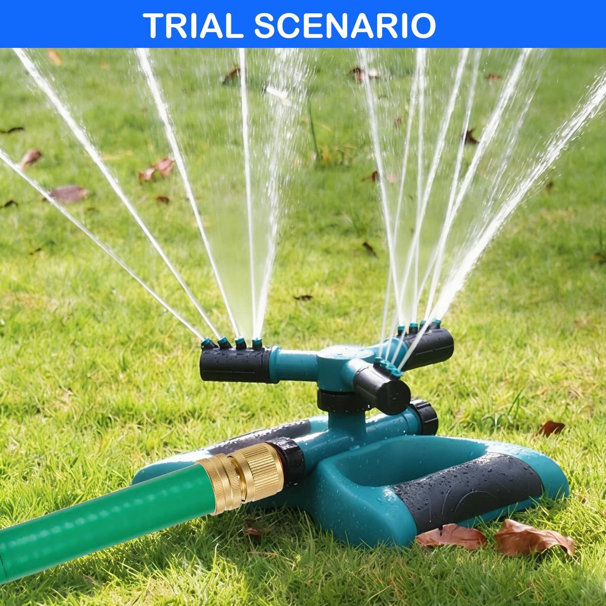 Gold solid brass quick connector on a green hose connected to a sprinkler head