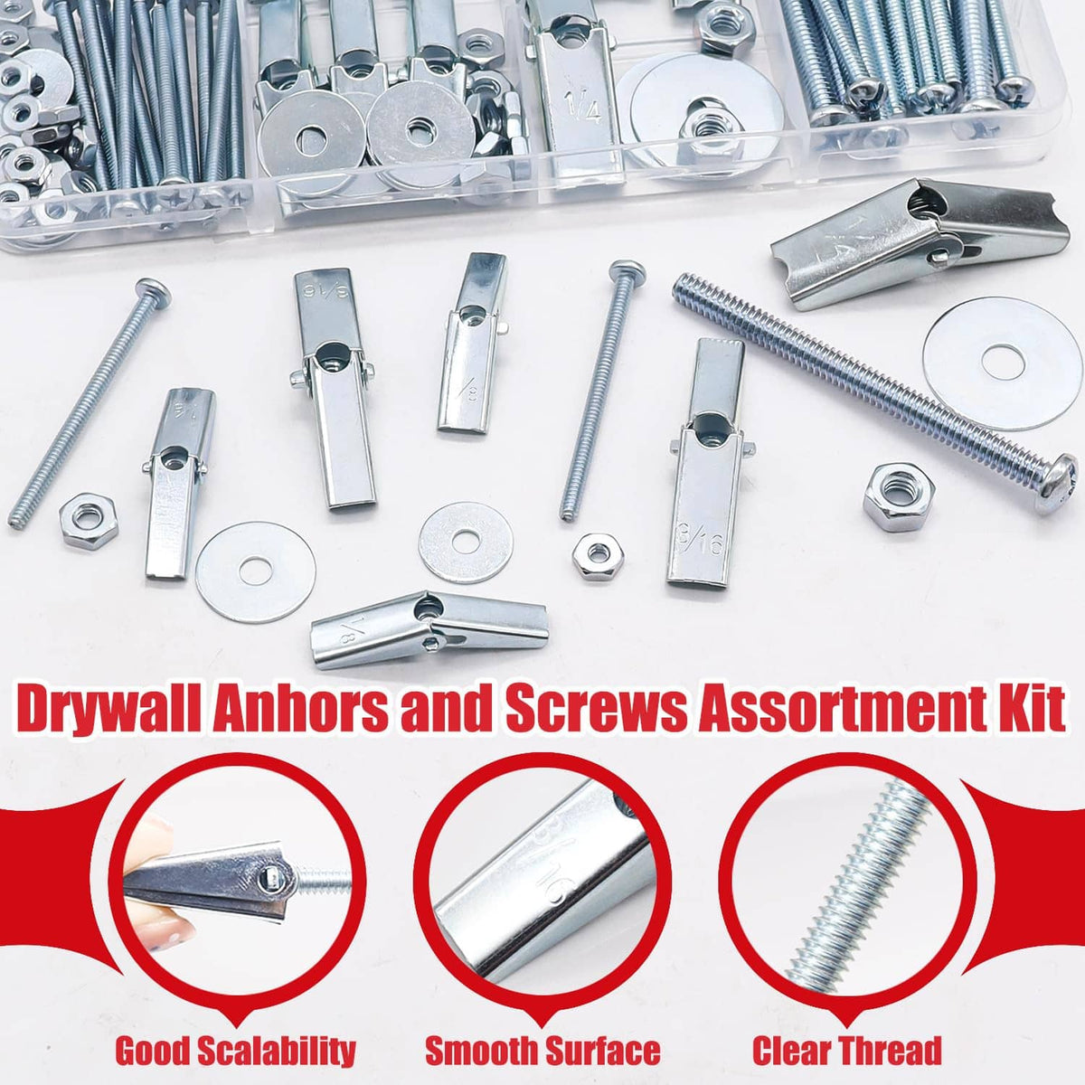 Drywall anchor and screw assortment with wing toggles, bolts, and round washers