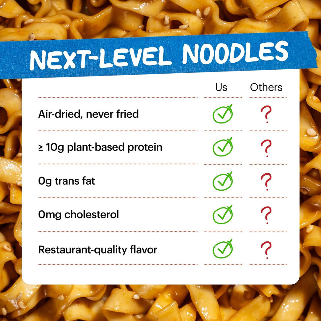 Noodles close-up with nutrition chart titled Next-Level Noodles