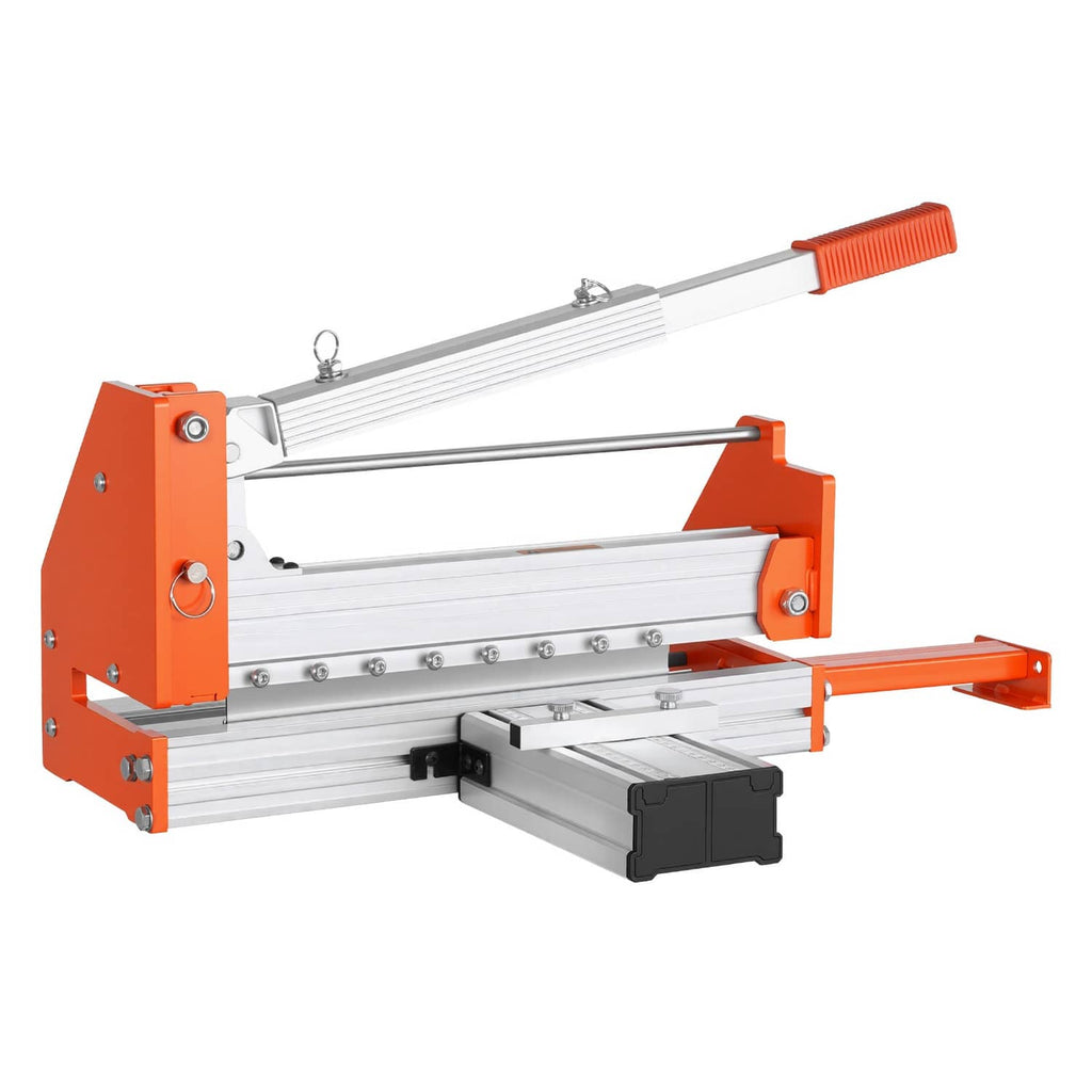 Flooring cutter tool with orange frame, silver rails, and adjustable cutting fence