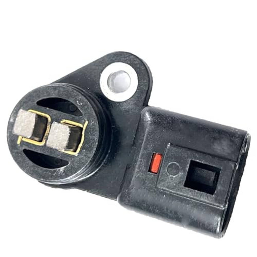 Camshaft position sensor with visible silver pin plate and black electrical plug housing