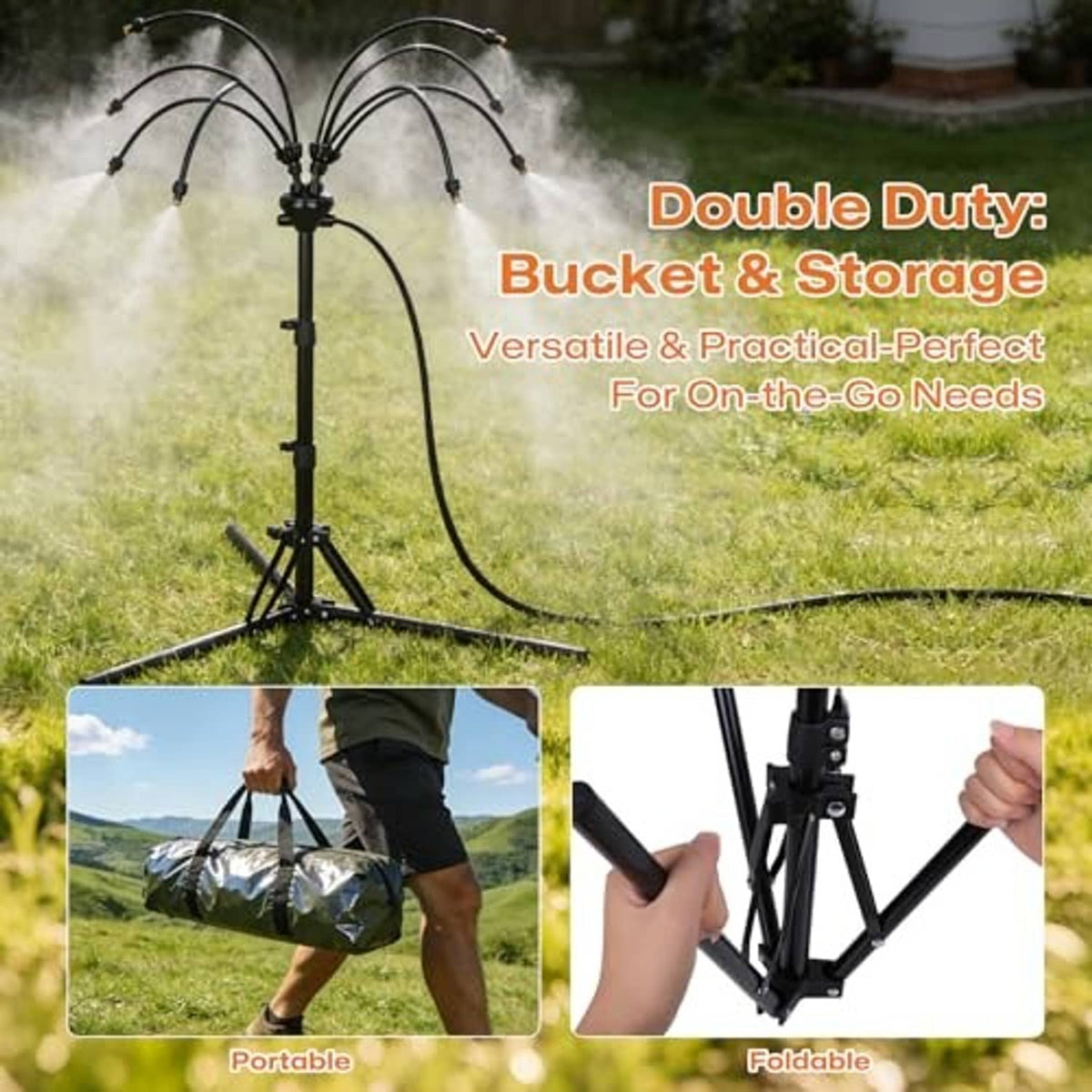 Freestanding misting cooler tripod with stored hose and double-duty bucket setup