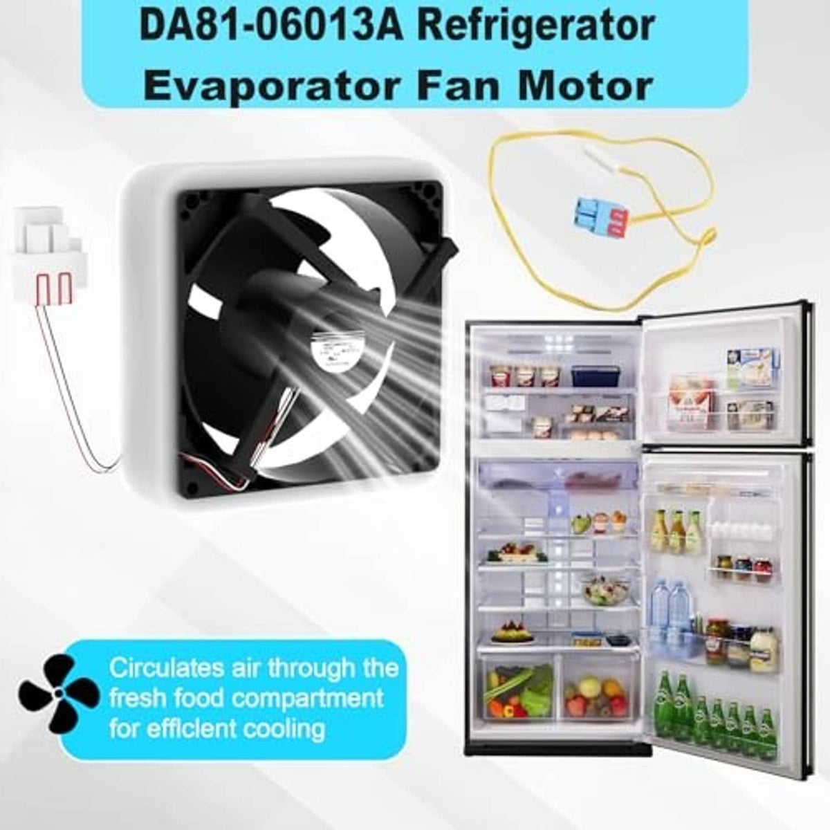 Refrigerator evaporator fan motor with square housing and wiring harness for cooling