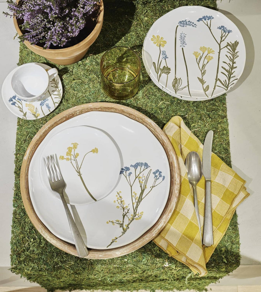 White appetizer plate featuring blue and yellow wildflower sprigs, set of 4