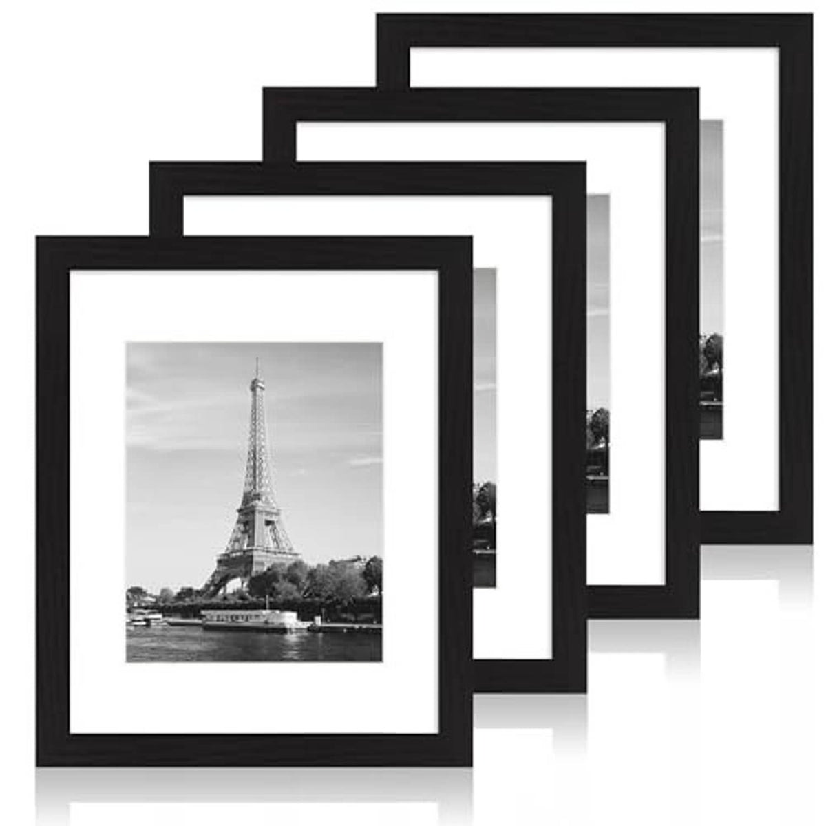 Black woodgrain picture frames set of 4, stacked in different angles