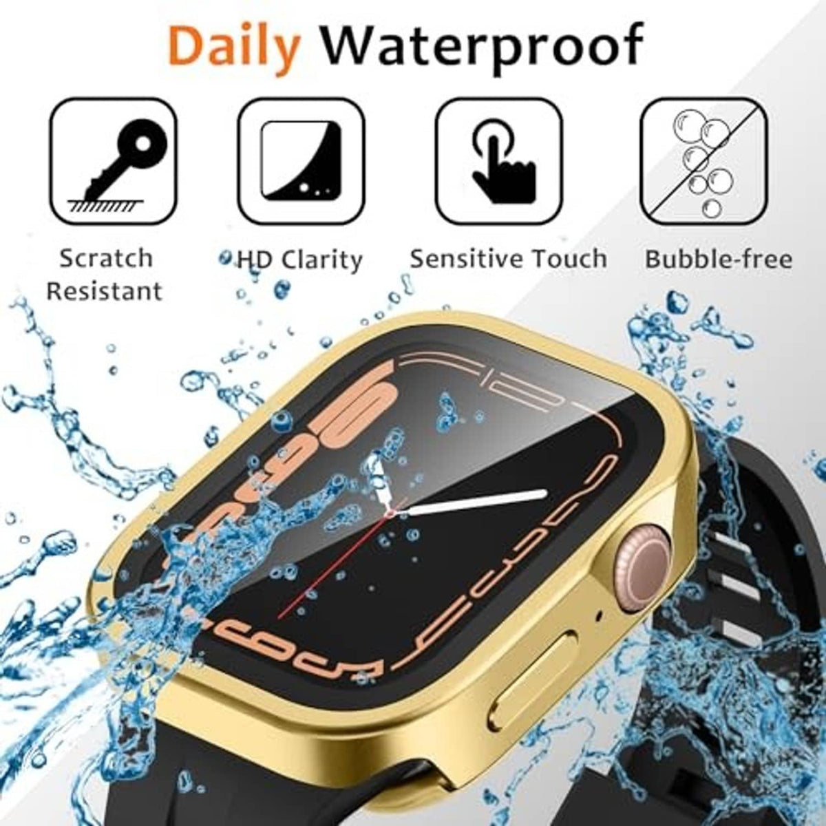 Gold metal Apple Watch 45mm case with clear screen protector and splash-protection design