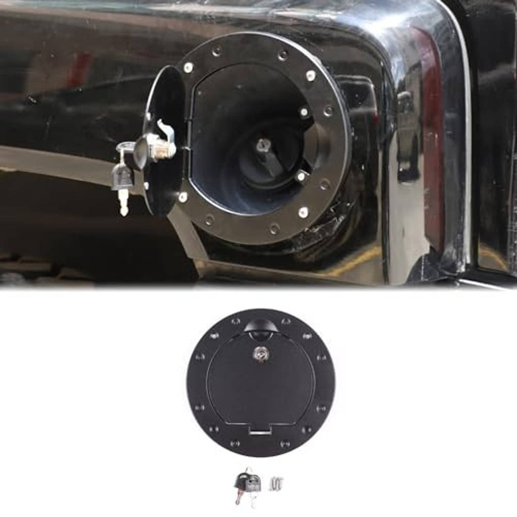 Black round locking fuel door cover with metal ring and key lock cylinder