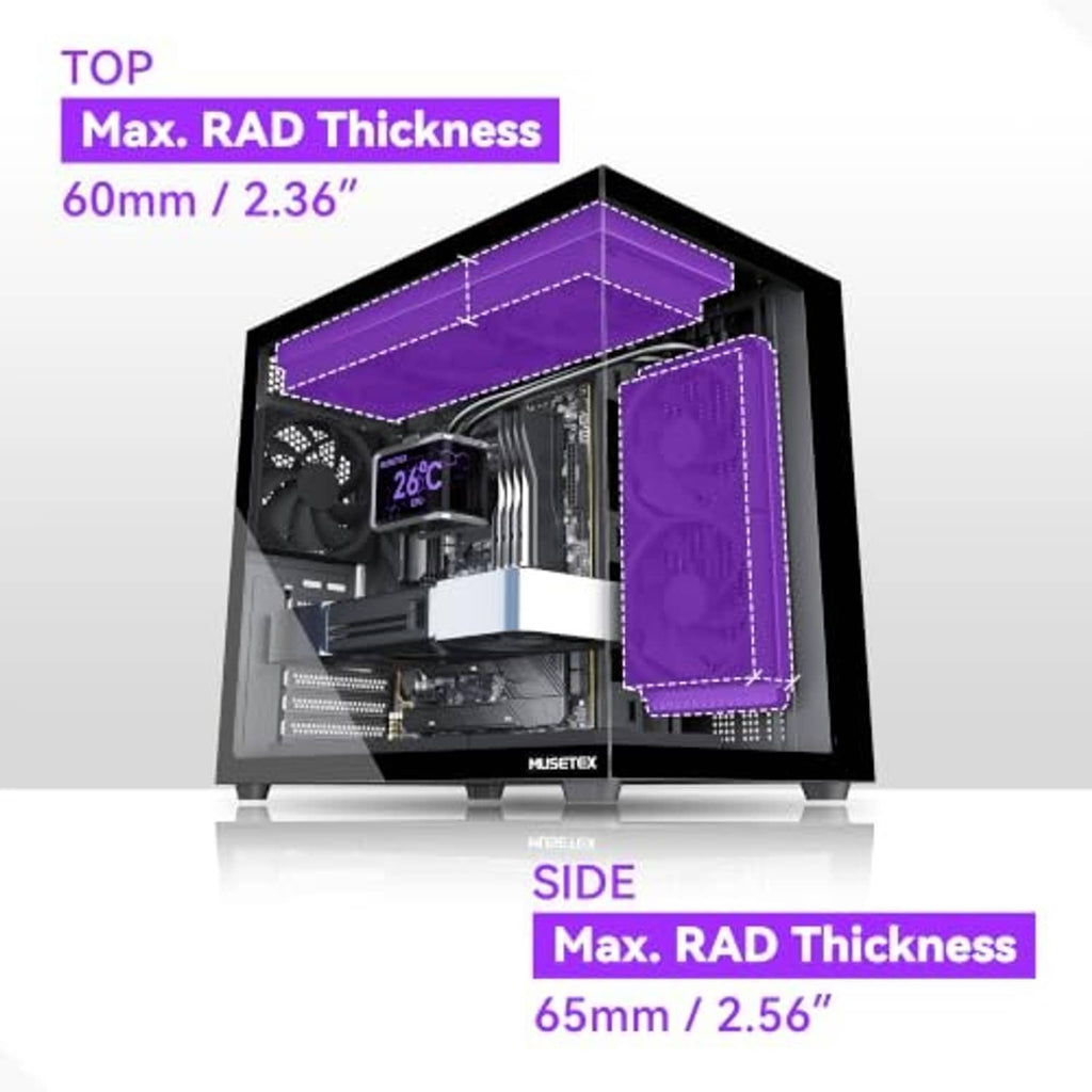 PC case interior layout showing top clearance and side radiator/fan space