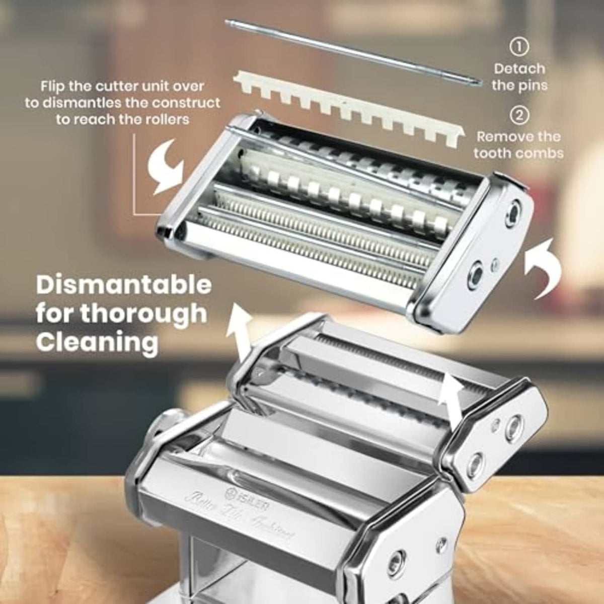 Stainless pasta maker with dismantled cutter unit for thorough cleaning