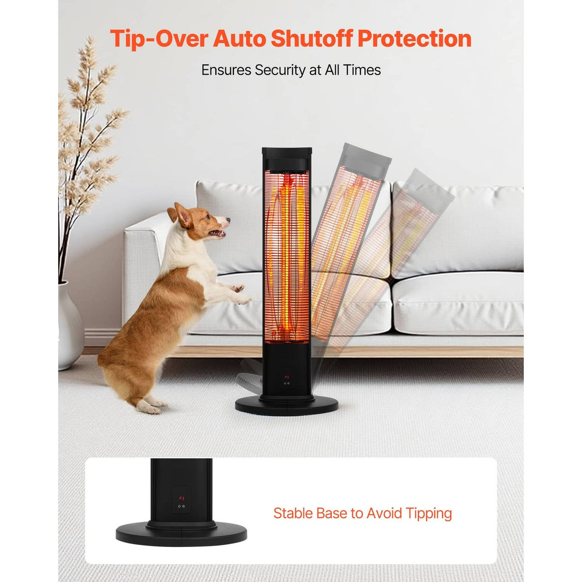 Infrared space heater tower with glowing heating tube and wide stable base