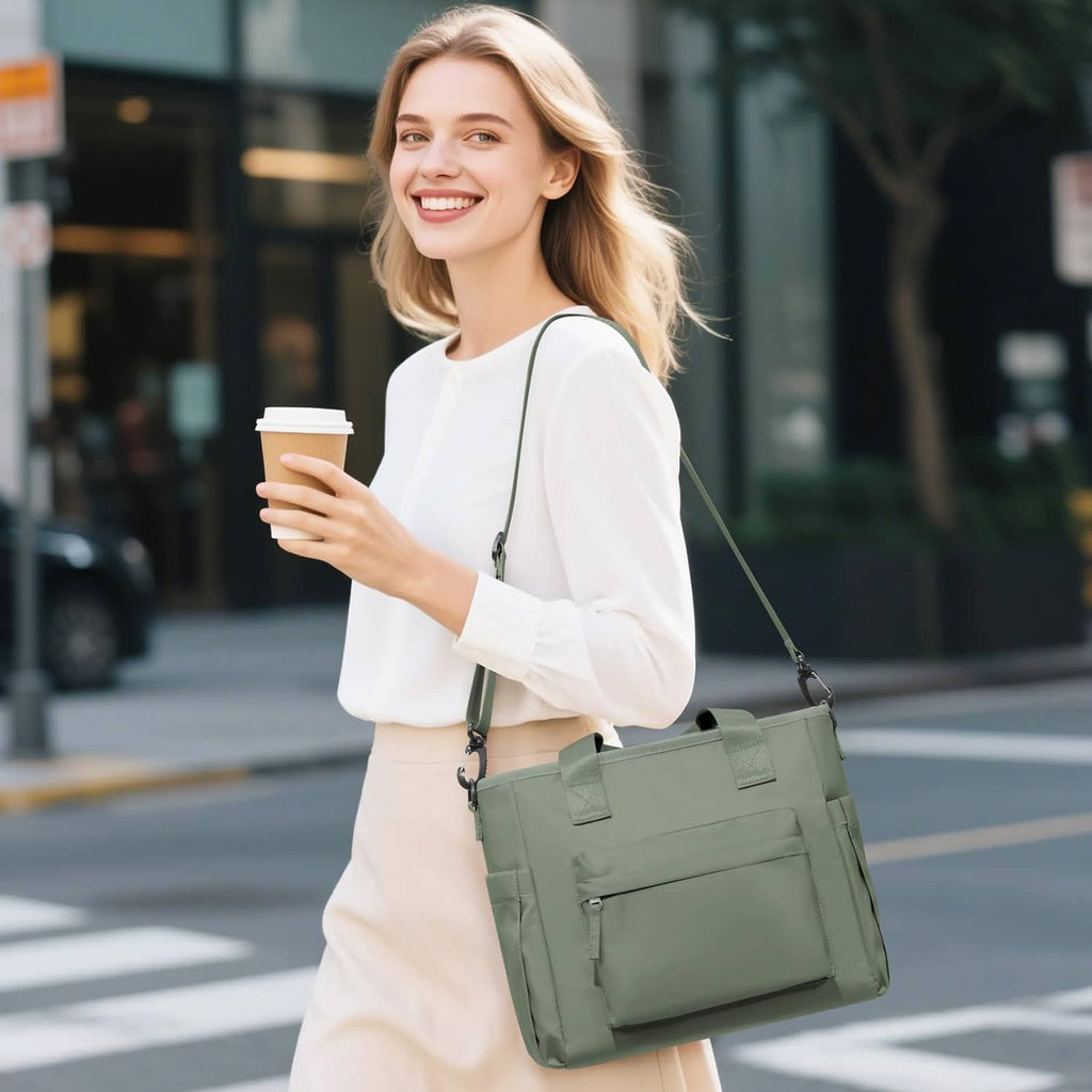 Insulated lunch tote bag in olive green, crossbody carry with front zip pocket