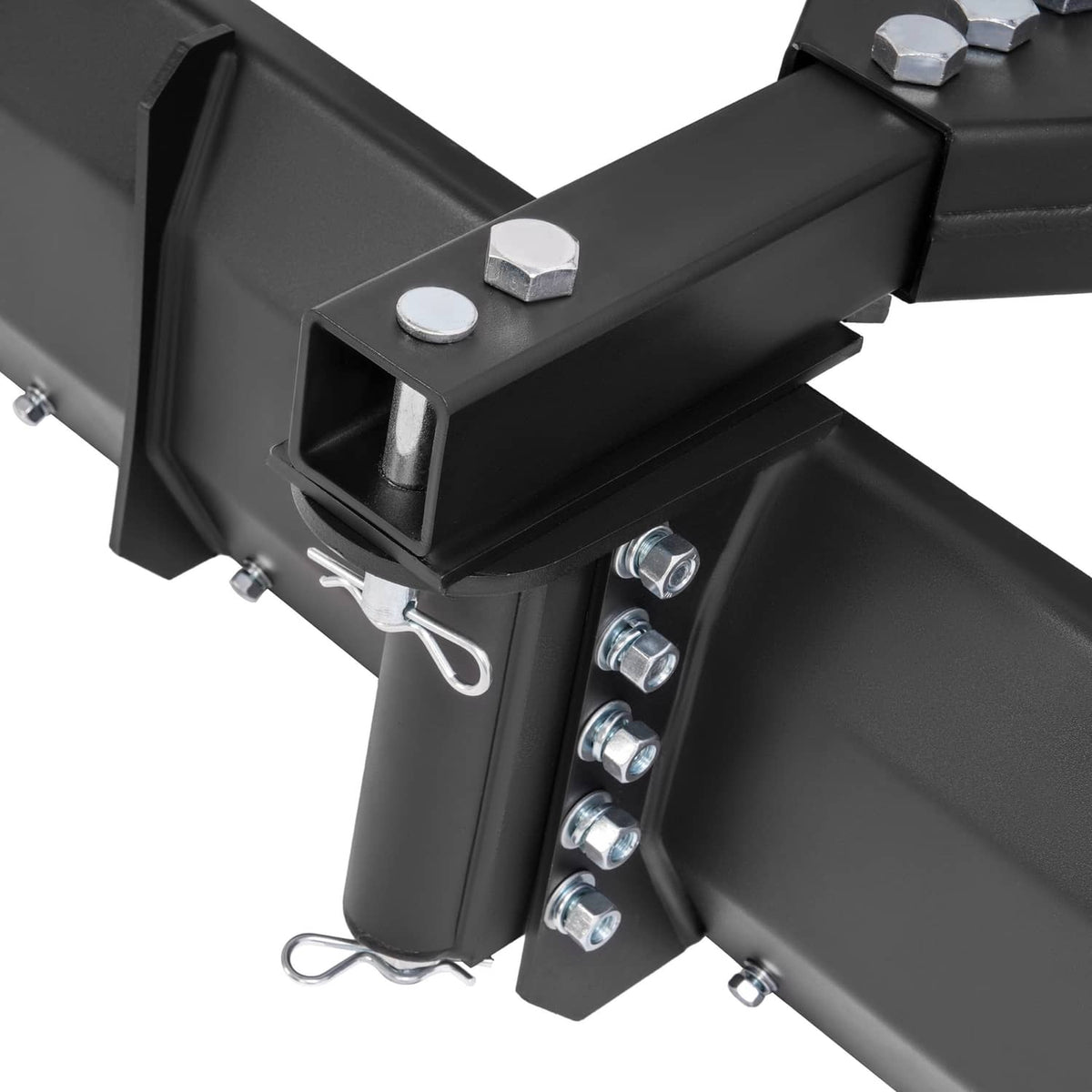 Black steel grading blade scraper bracket with 3-point mounting hooks and bolts