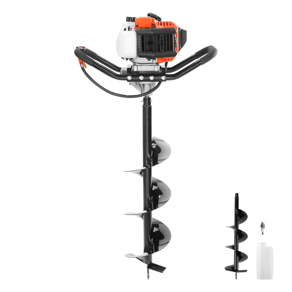 Gas post hole digger with orange engine, spiral auger, and included tool accessories