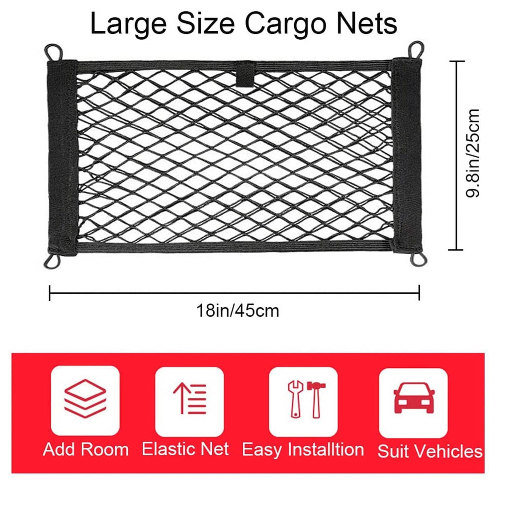 Black cargo net size 18 x 9.8 in with corner loops and mounting straps