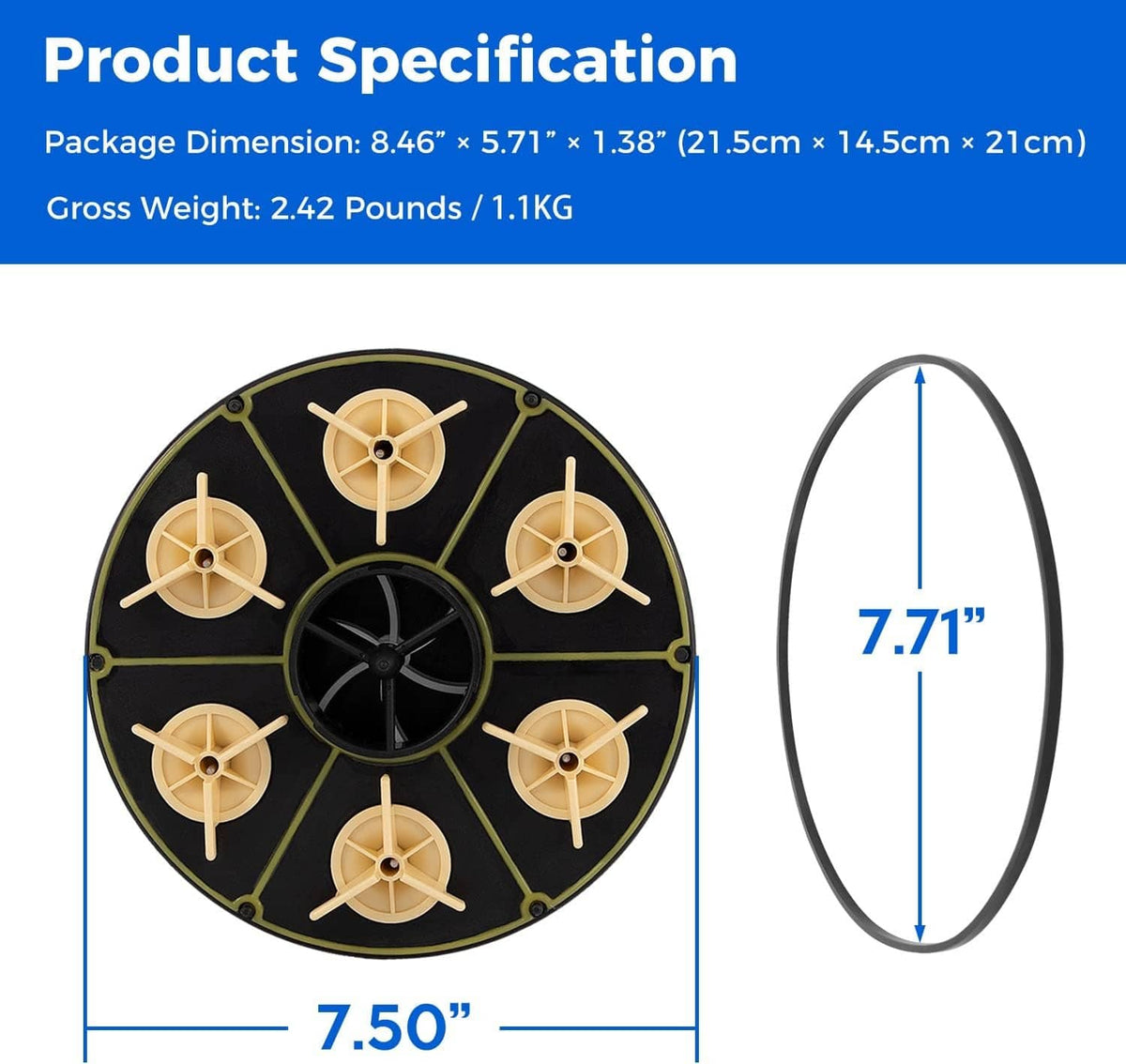 6-port water valve module with size diagram showing round housing dimensions