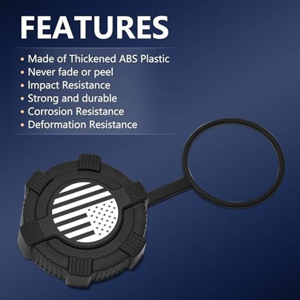 Black U.S. flag fuel tank dust cap with loop handle and ridged grip texture