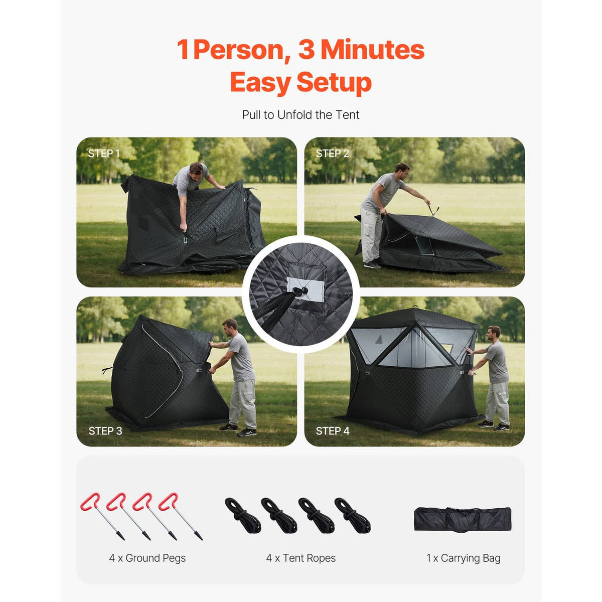 Black sauna tent shown for quick setup with carrying bag and ropes