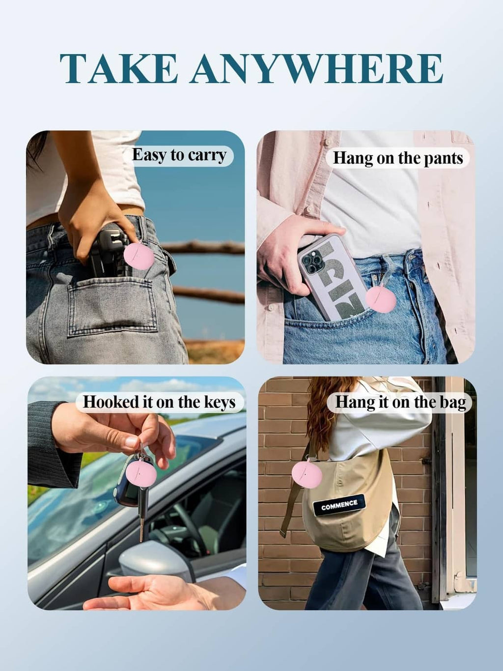 Pink silicone earbuds keychain case attached to bag, keys, and pants belt loop