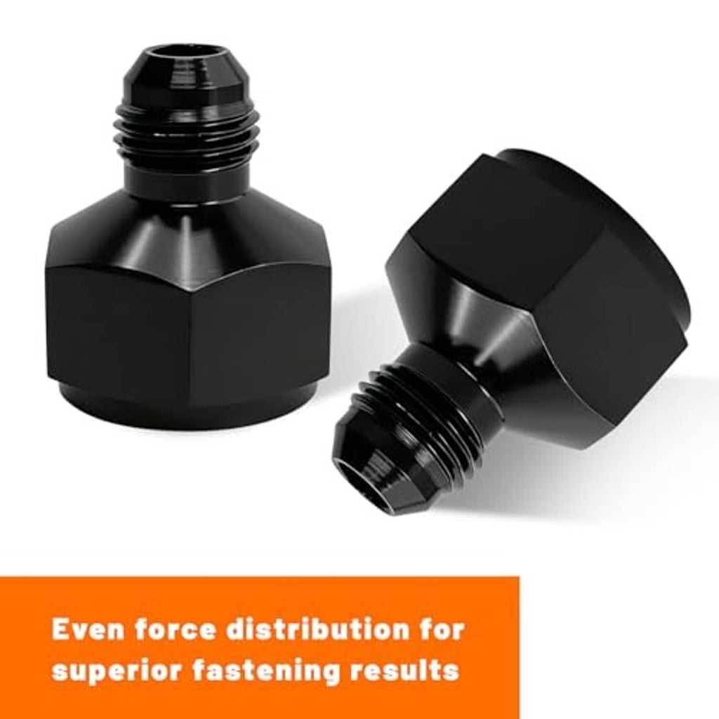 Black aluminum flare reducer adapter set, female AN10 to male AN6; angled view (2-pack).