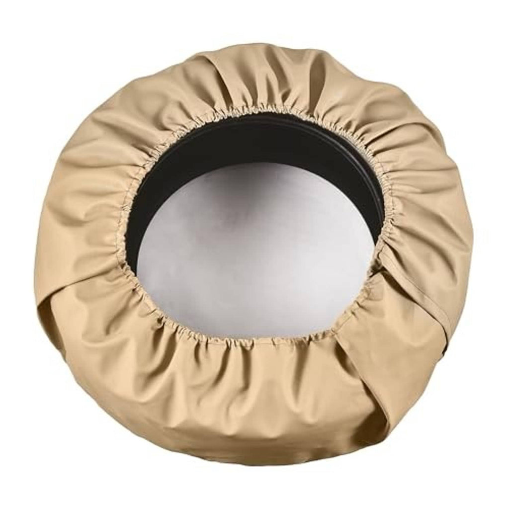 Beige spare tire cover with elastic rim and open center for the wheel.