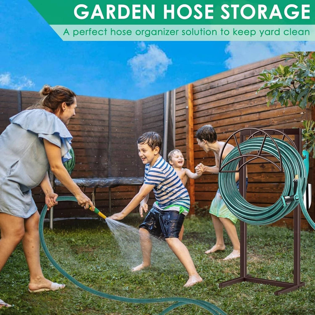 Bronze hose storage stand holding a teal coiled hose with upright spikes