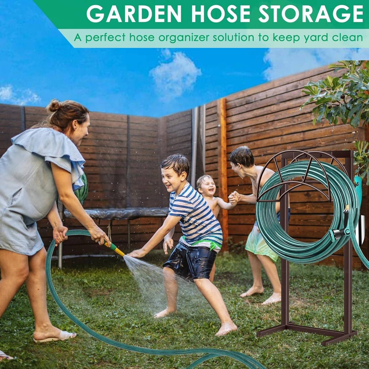 Bronze hose storage stand holding a teal coiled hose with upright spikes
