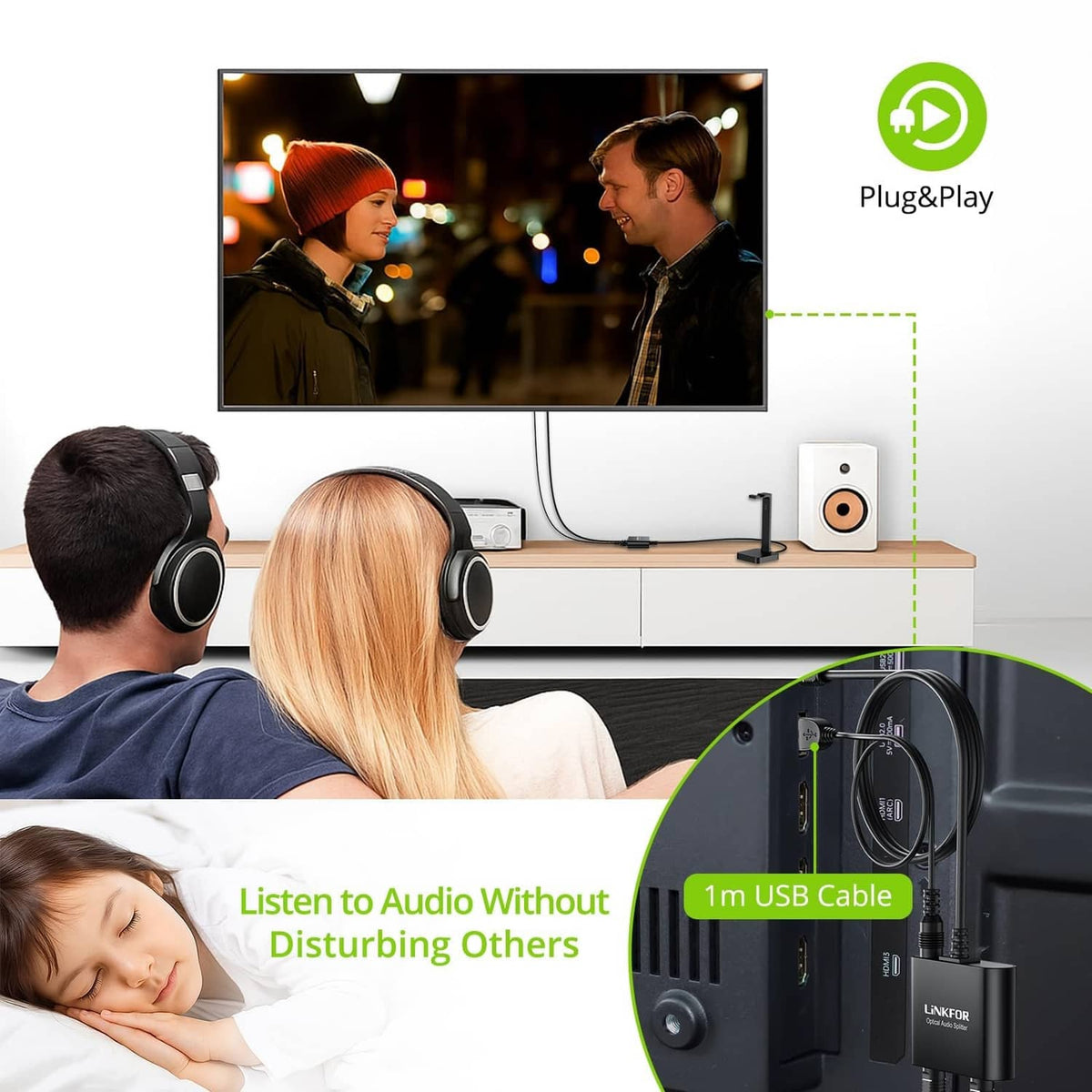 Optical audio splitter with connected cables for home audio listening