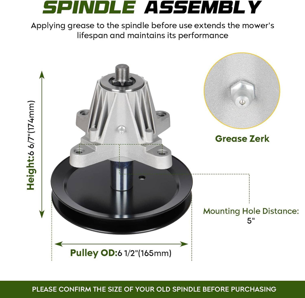Spindle assembly with grease zerk fitting and mounting holes for mower deck rebuild