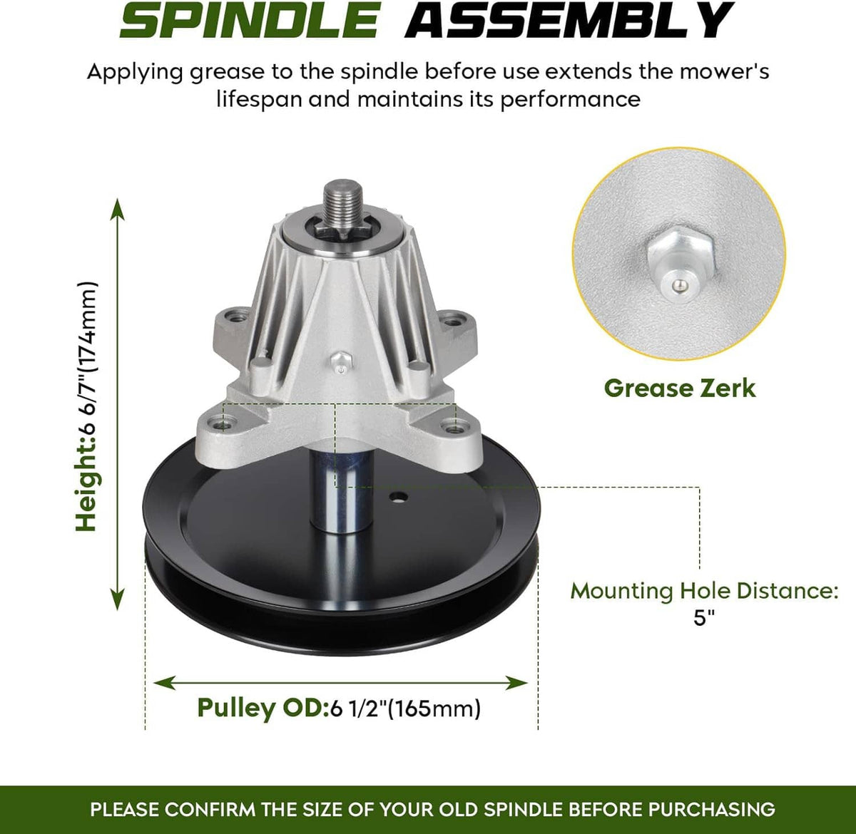 Spindle assembly with grease zerk fitting and mounting holes for mower deck rebuild