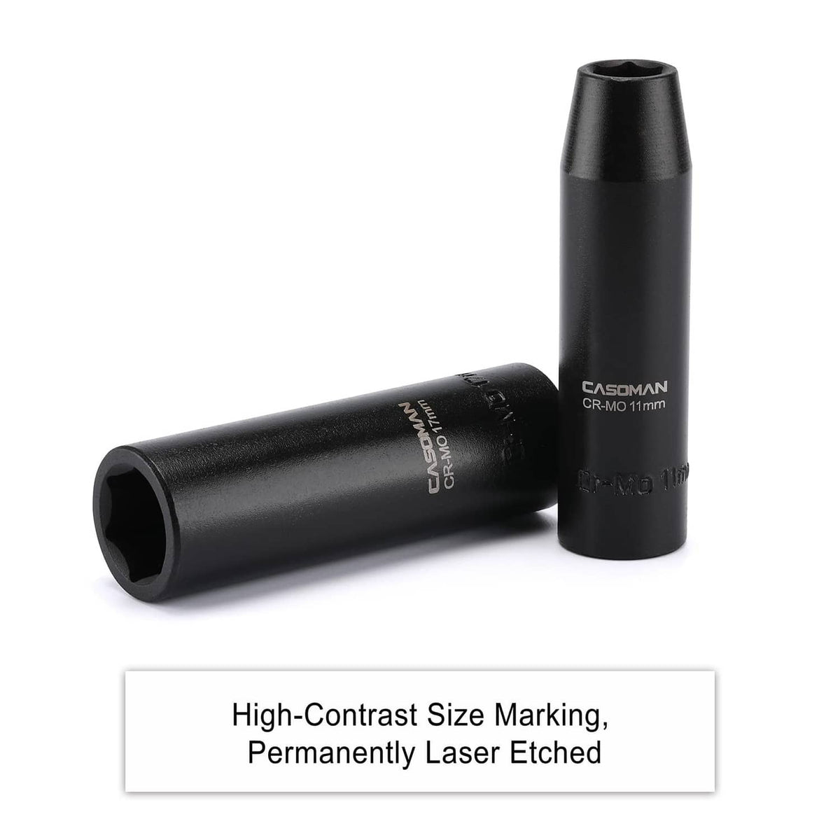 Two black deep impact sockets with high-contrast laser-etched size marking