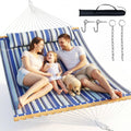 Blue and white striped double hammock with wooden spreader bar, ropes and included hooks