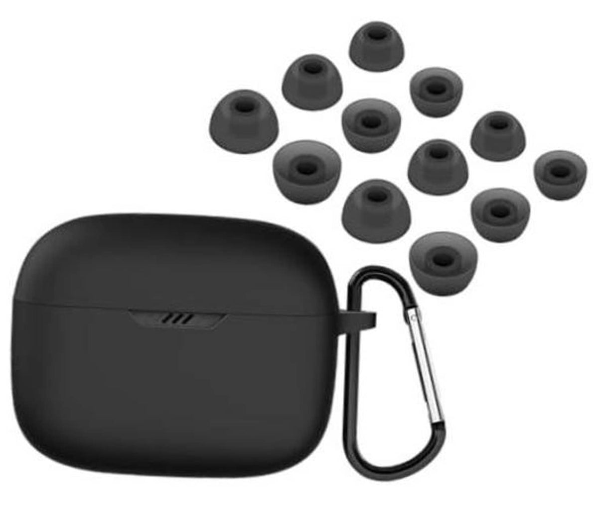 Black silicone earbud case with carabiner clip and multiple ear tip cushions