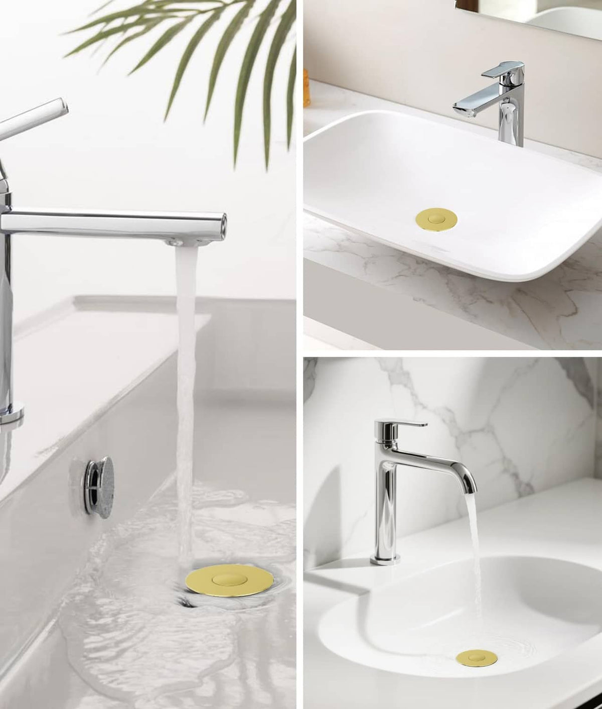 Matte gold round sink stopper on a white bathroom sink with visible drain opening