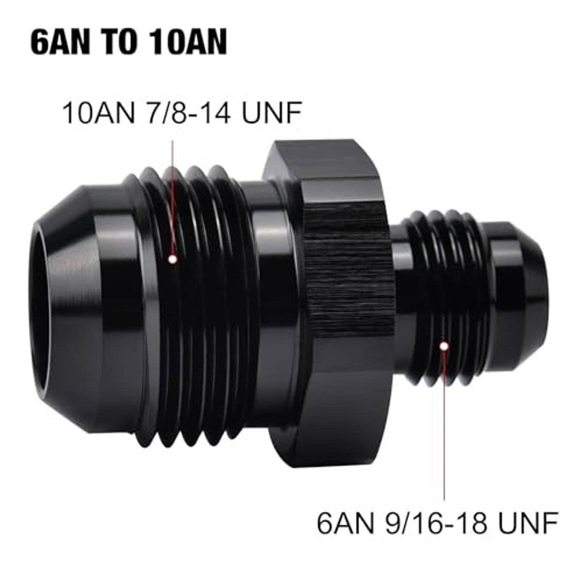 Black straight AN flare reducer coupler union, ridged threads on both male ends