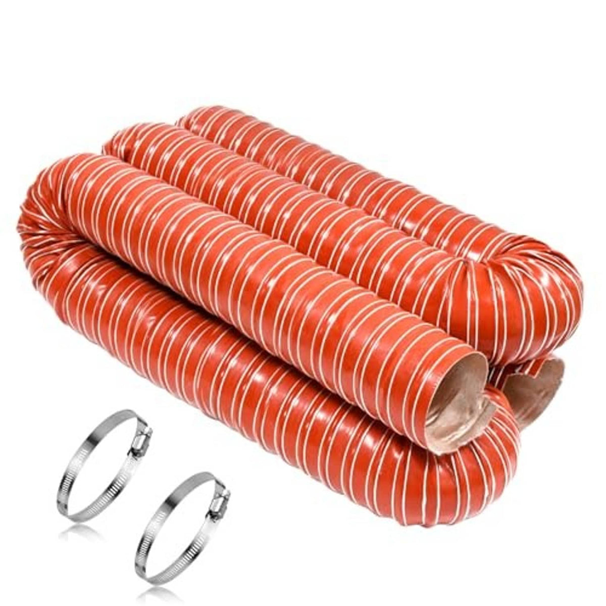 Red corrugated air duct hose coil with open metal end and two silver clamp rings.