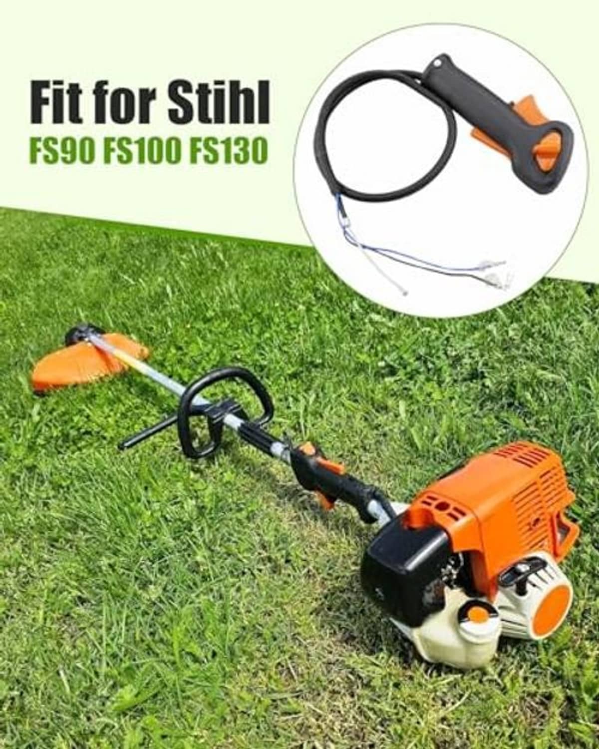 Throttle handle assembly on grass trimmer with black and orange grips and control cable