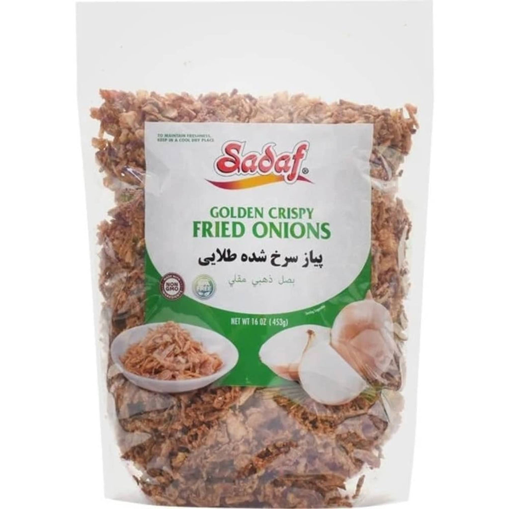 Sadaf Golden Crispy Fried Onions pouch with green label and crunchy fried onion bits