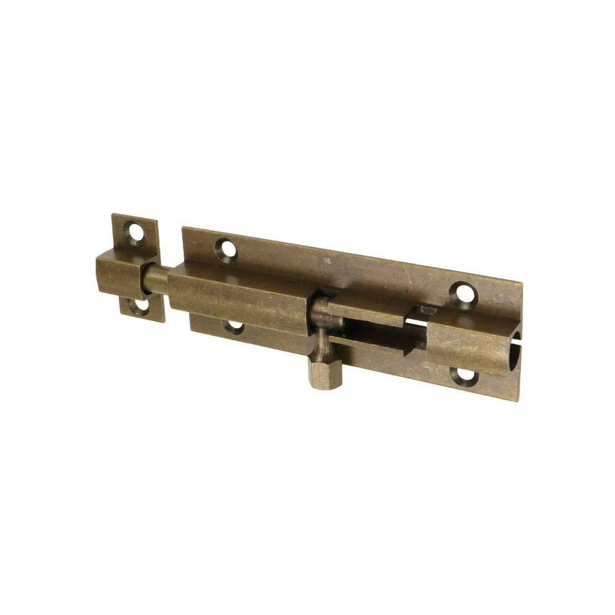 Bronze barrel bolt slide latch close-up with strike plates and screw holes