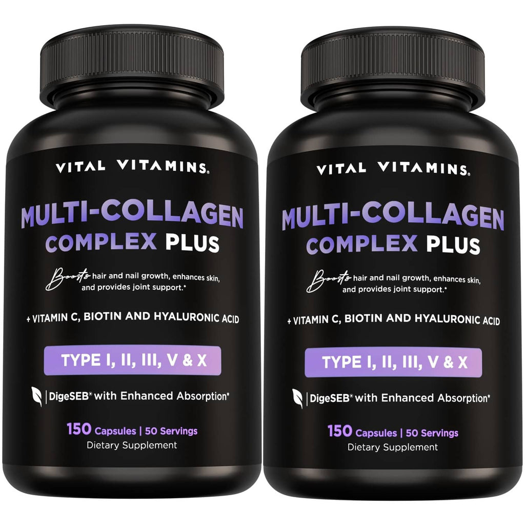 Two black collagen supplement bottles with purple labels and 150 capsules each