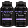Two black collagen supplement bottles with purple labels and 150 capsules each