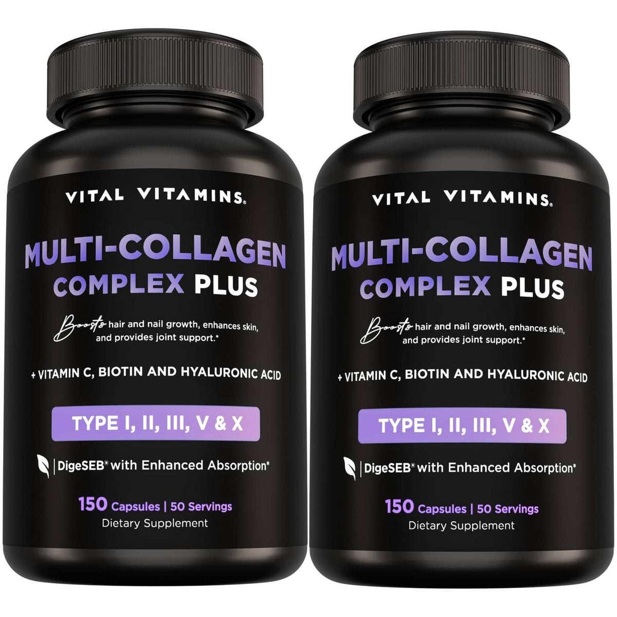 Two black collagen supplement bottles with purple labels and 150 capsules each