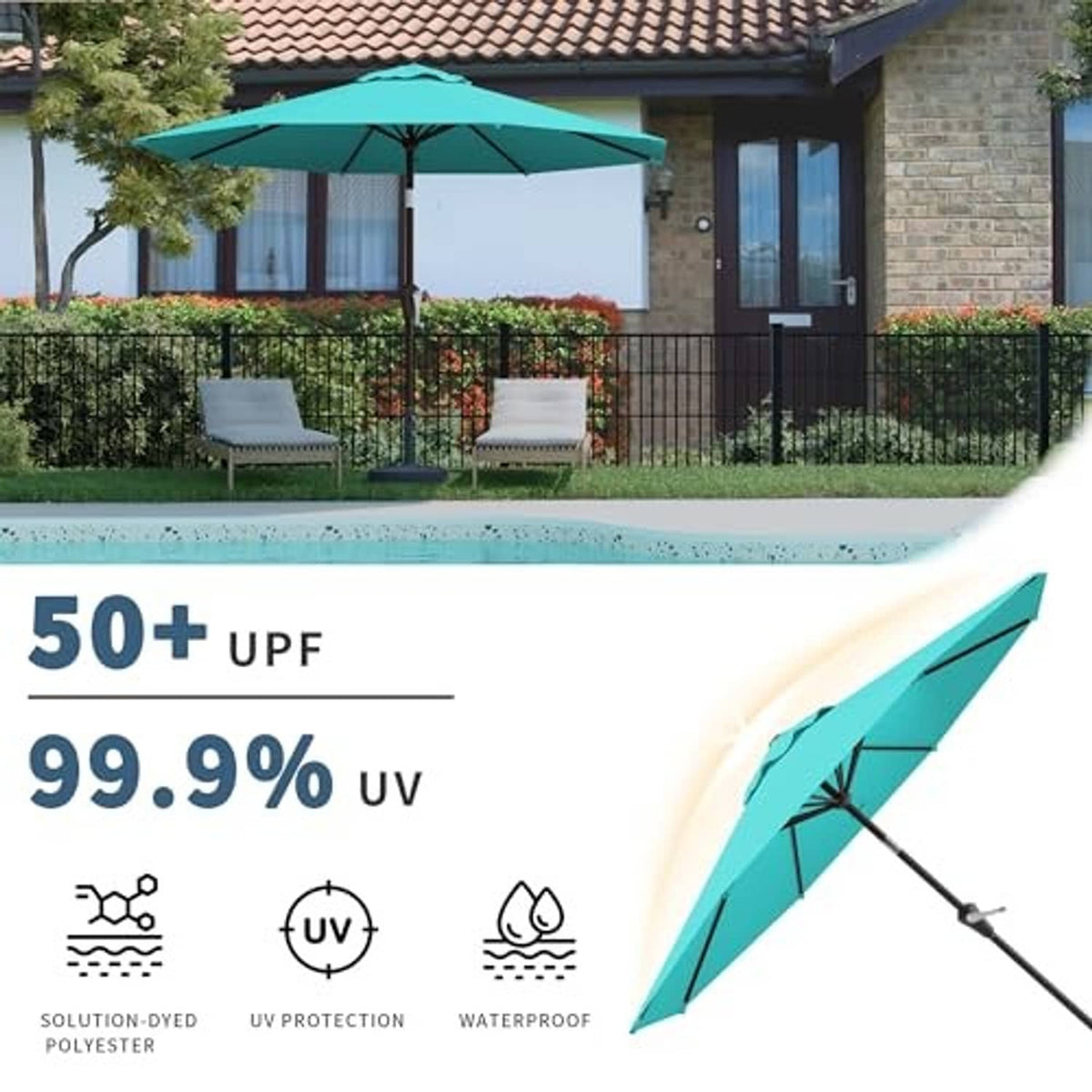 Teal outdoor patio umbrella canopy with black ribs and center tilt pole