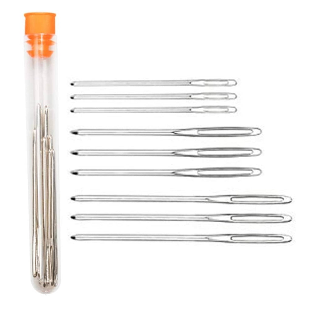 Hekisn stainless steel blunt yarn needles with large eye, shown from side in tube