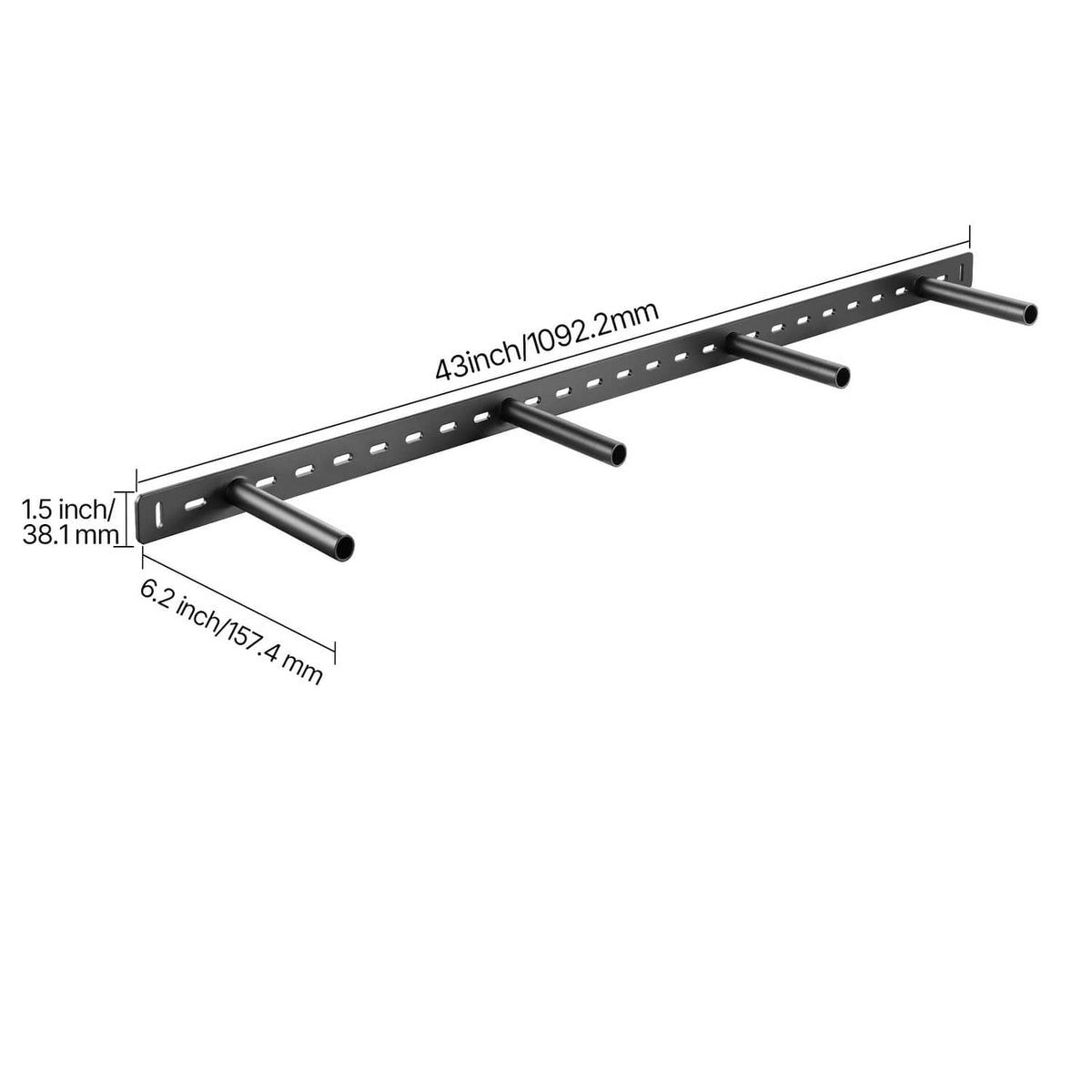 Floating shelf bracket with perforated mounting rail and 4 support rods, black