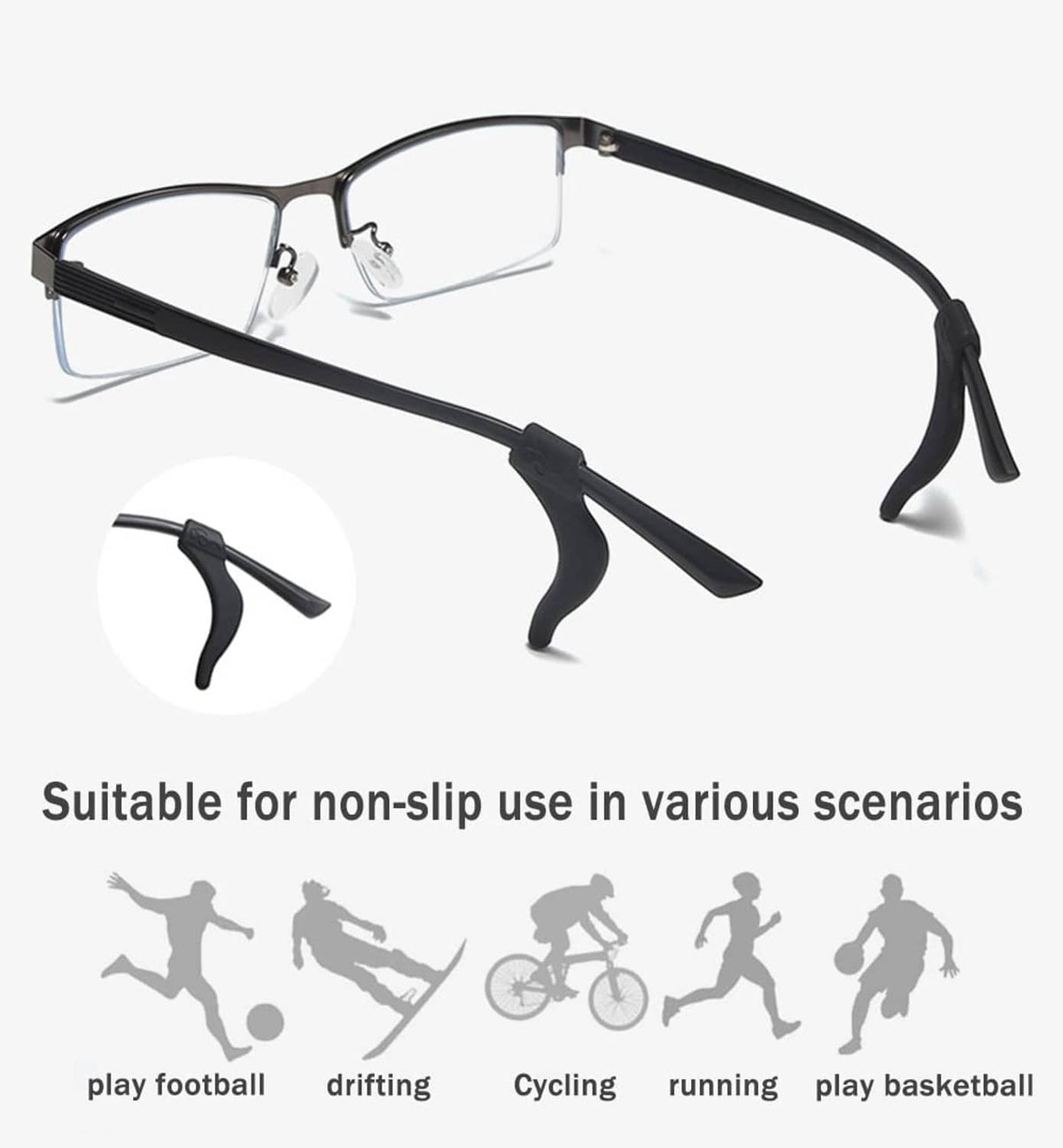 Black silicone non-slip eyeglass ear grips attached to rectangular eyeglass frame